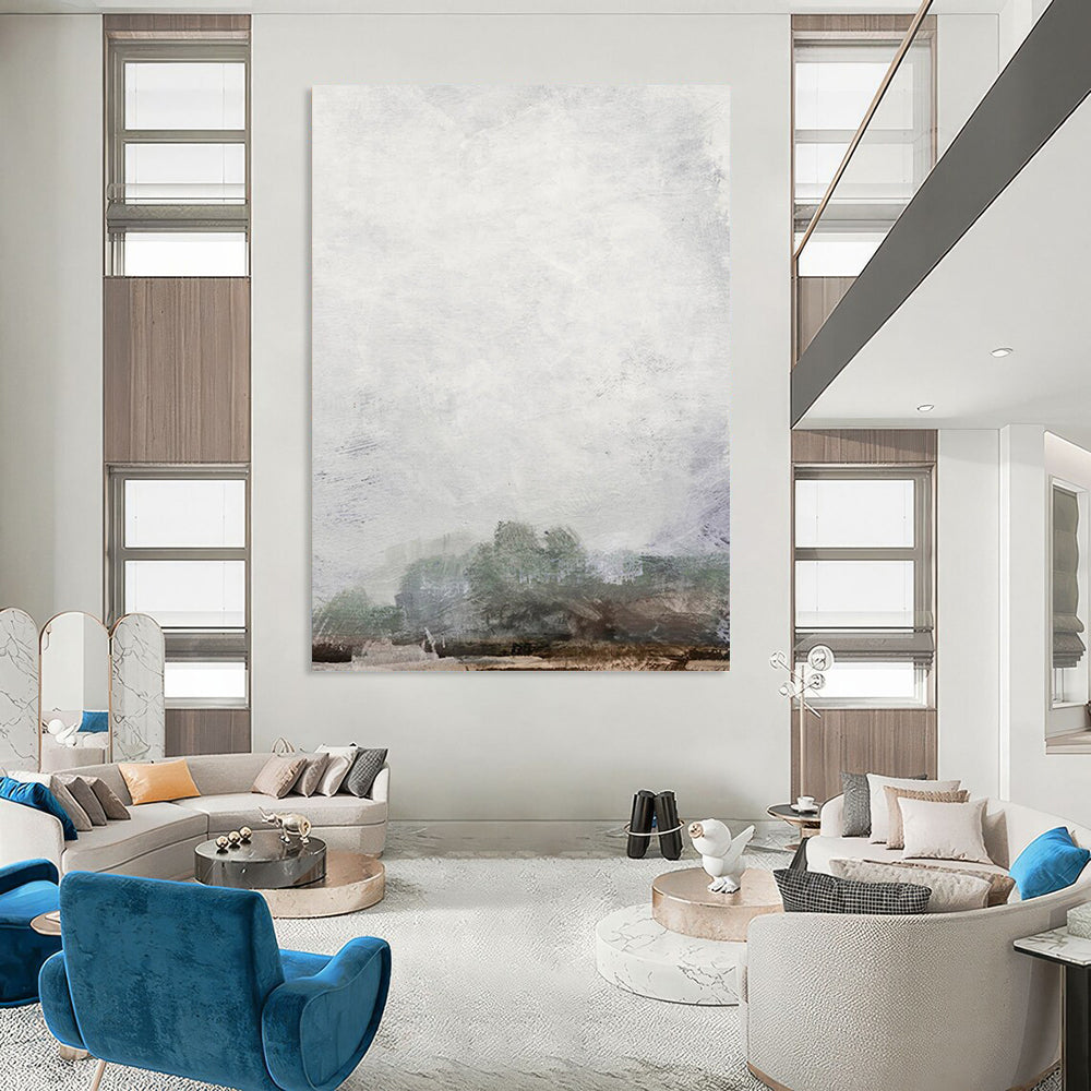 “Hazy Gray Tree Line” - Light Gray Sky with Faint Green Trees Painting On Canvas DS222