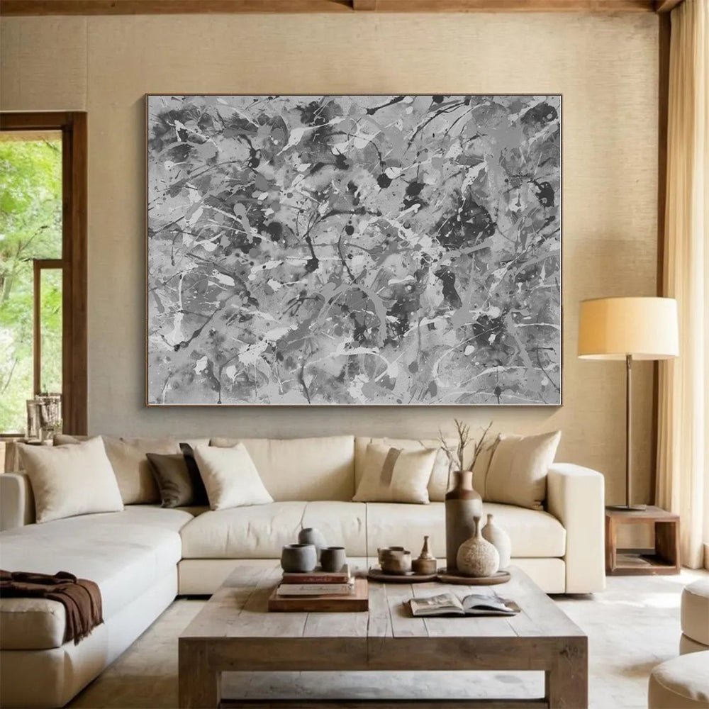 “Gray - White Splatter Abstraction” - Gray, White Abstract Painting On Canvas PS0478