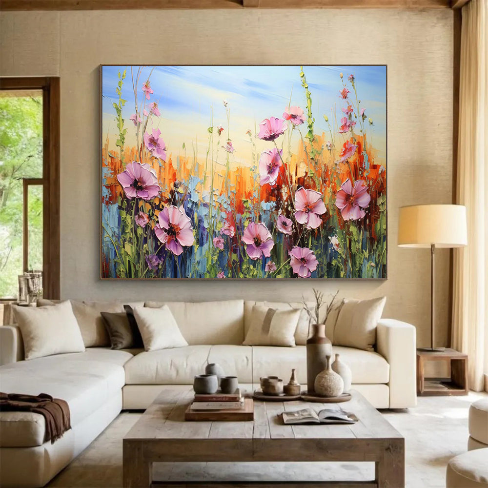 “Pink Wildflowers in Bloom” - Impasto Oil Painting on Canvas DKS903