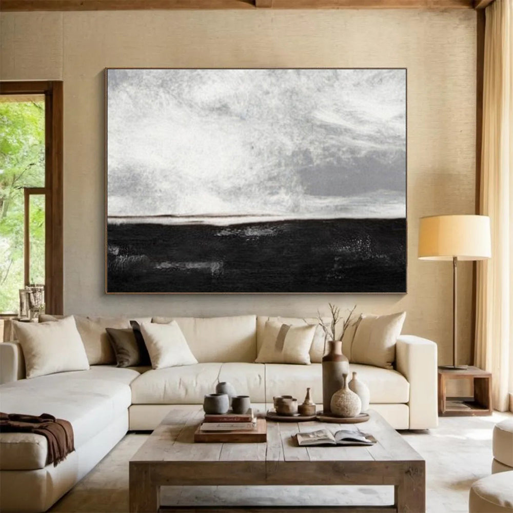 “Black - White Minimalist Horizon” - Monochromatic Calm “Nightfall Shore” Painting On Canvas PT1666