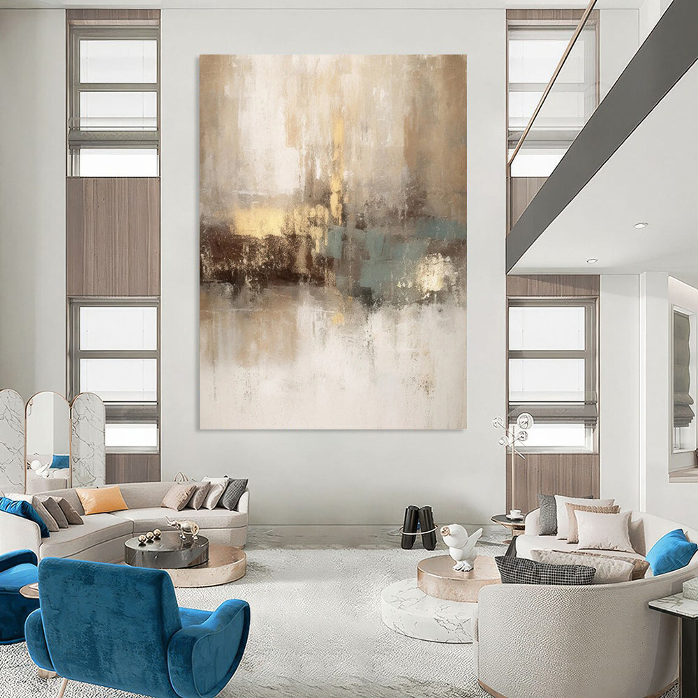 Beige - Gray - Teal Abstract Fusion Textured Painting On Canvas DS068