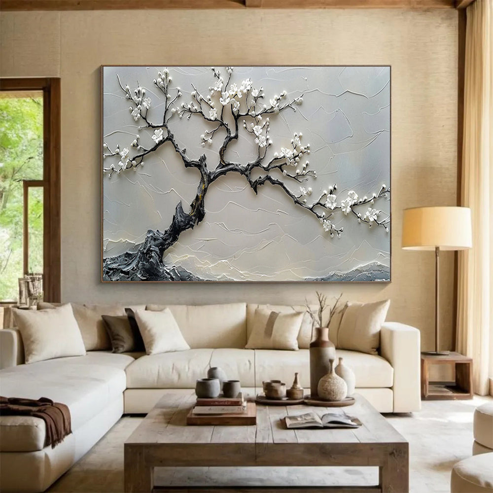 “White Blossom Tree” - Gray, White & Black Textured Tree, 3D Floral Relief Painting On Canvas DKS695