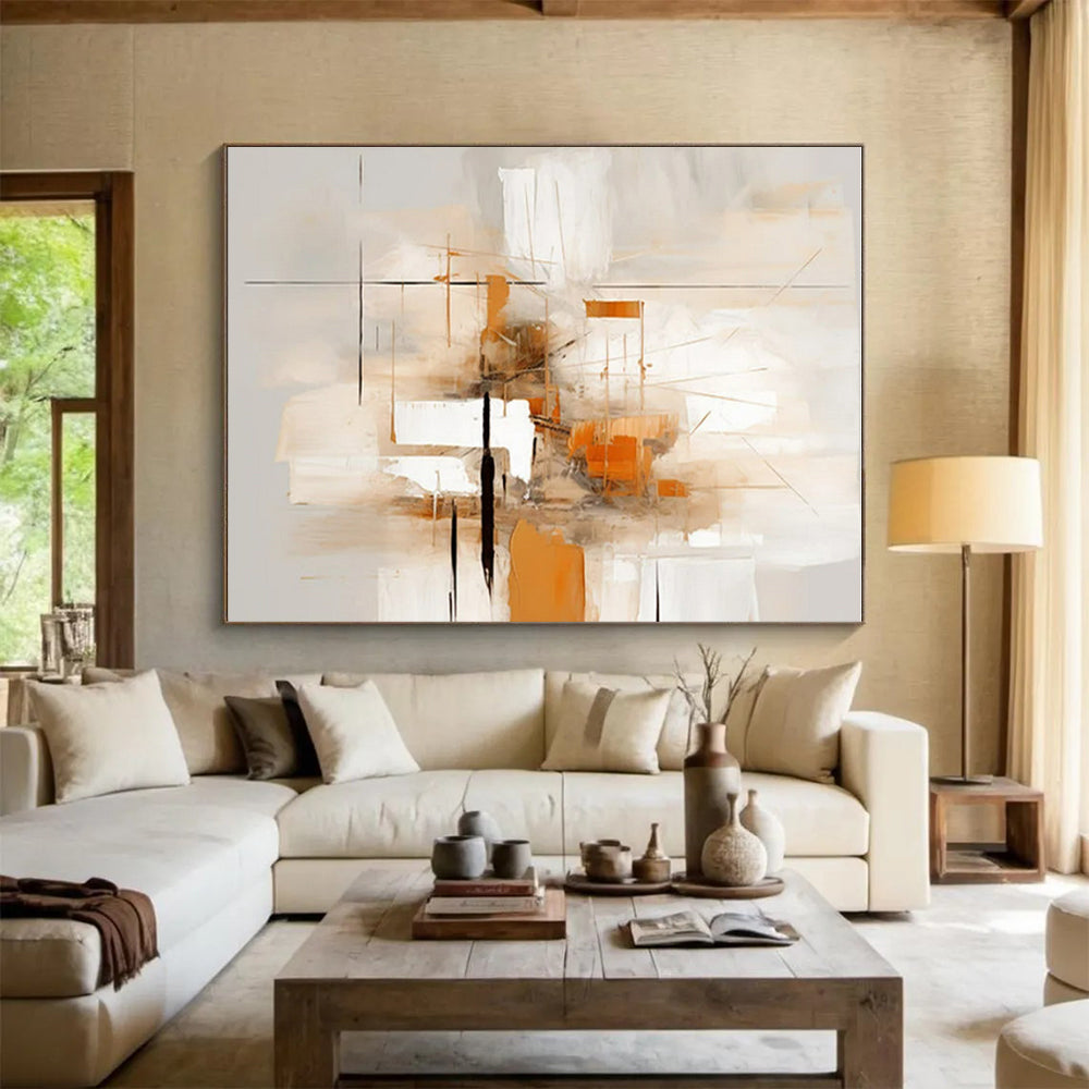 Beige, Orange & Grey Abstract Lines Painting On Canvas PS0823