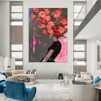 “Pink Flowers on Head Abstract Portrait” - Pop - Art Inspired Painting On Canvas PT1952