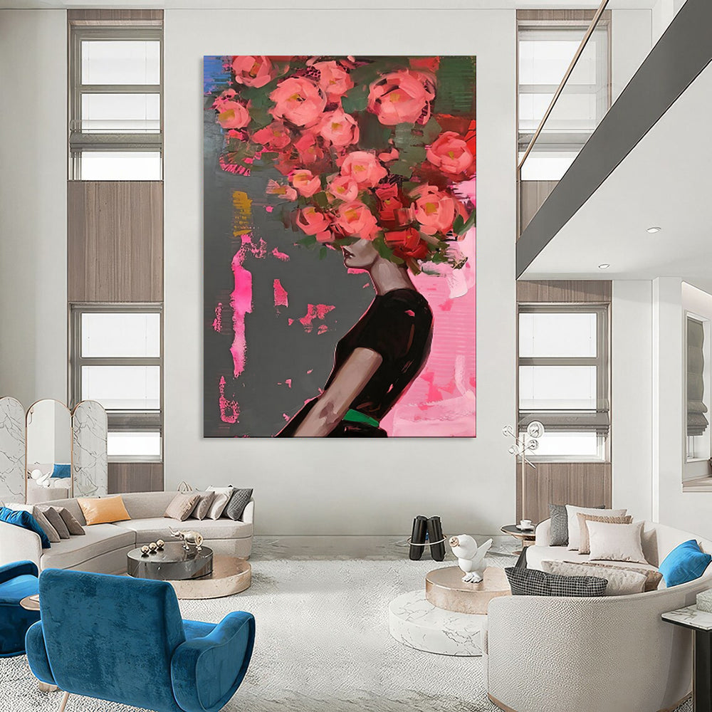“Pink Flowers on Head Abstract Portrait” - Pop - Art Inspired Painting On Canvas PT1952