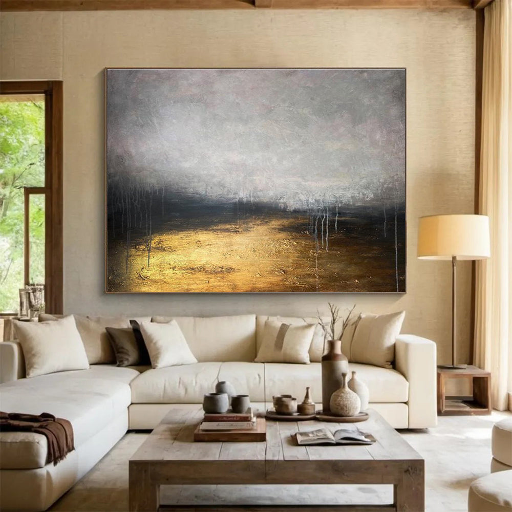 “Gilded Gray Abyss” - Gray, Gold & Black Abstract, Mixed - Media Painting On Canvas DKS782