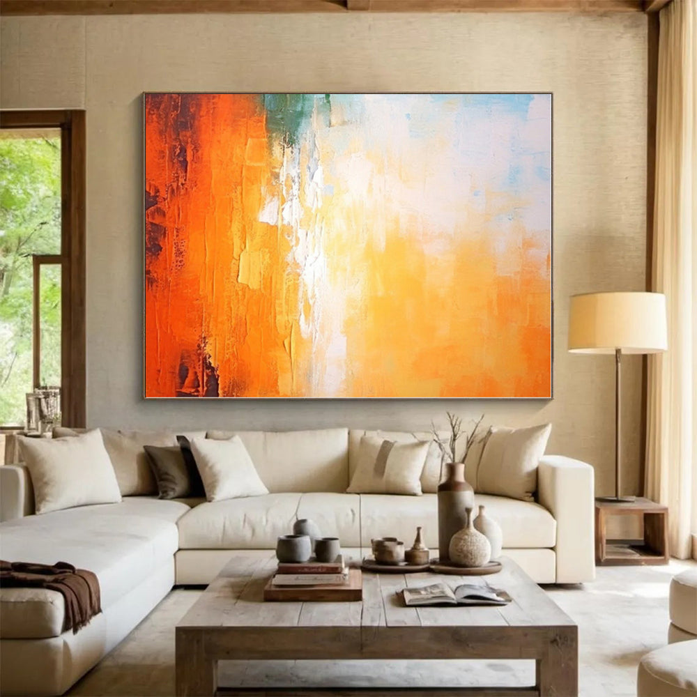 “Orange - Blue Abstract Sunset” - Orange, Blue, Green Abstract Painting On Canvas PS0447