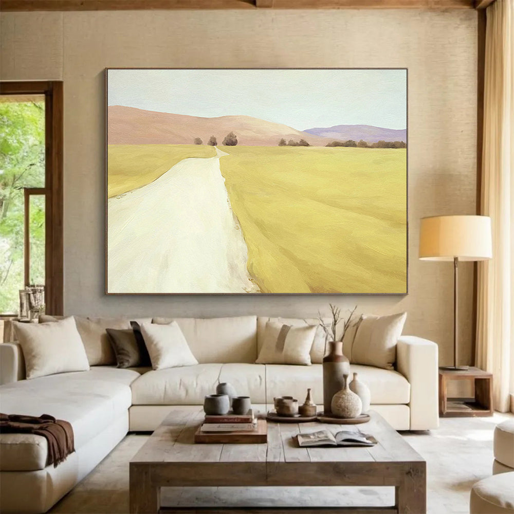“Golden Field Path” - Yellow, Brown & Purple Landscape, Realist Oil Painting On Canvas DKS742