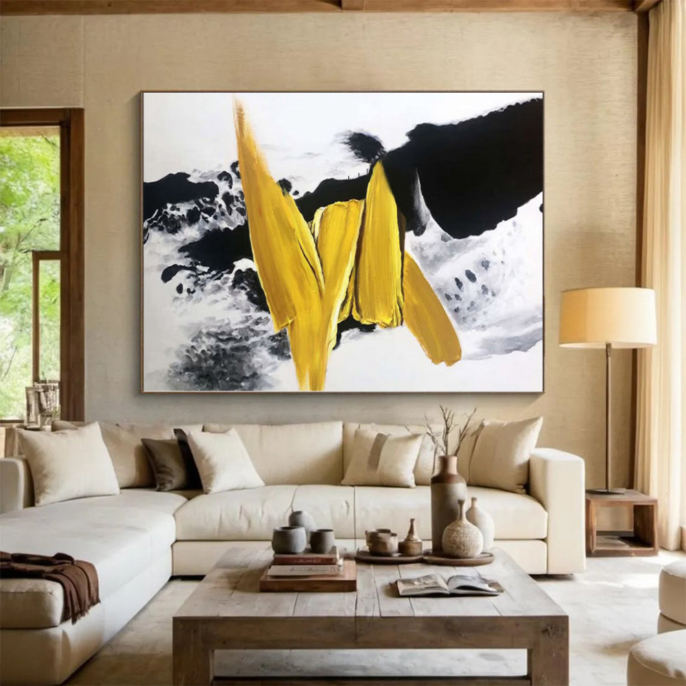 “Black - Yellow Abstract Bold Strokes” - Geometric Abstract Painting On Canvas PS0303