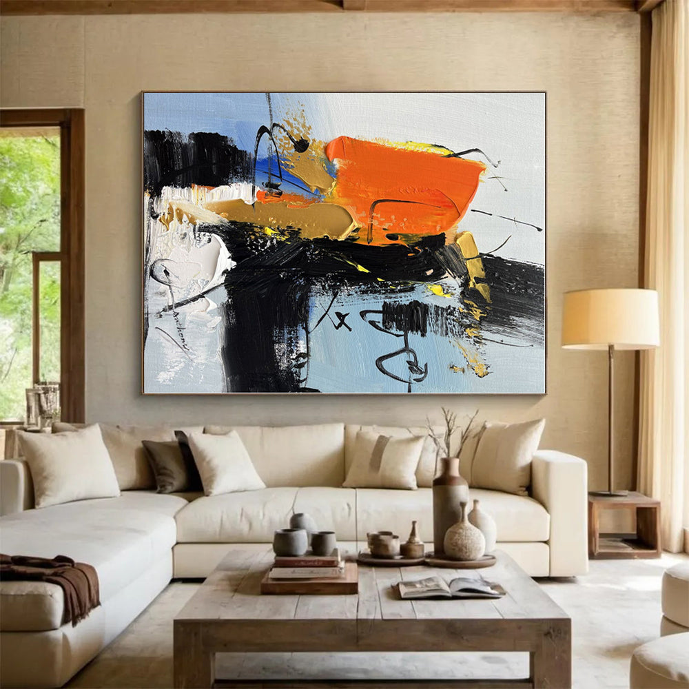 “Orange - Black Bold Abstraction” - Orange, Black, Gold Abstract Painting On Canvas PS0486