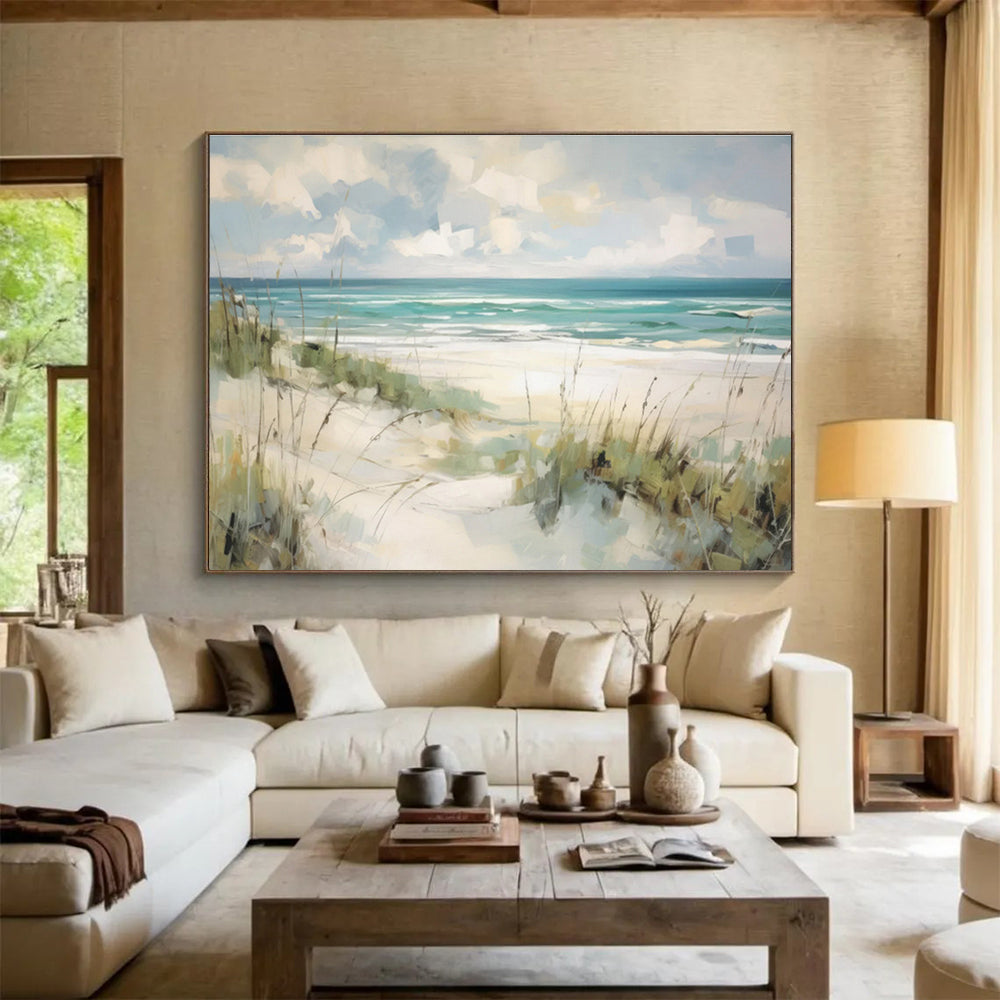 Coastal Serenity in Blue - Green Landscape Painting On Canvas DKS171