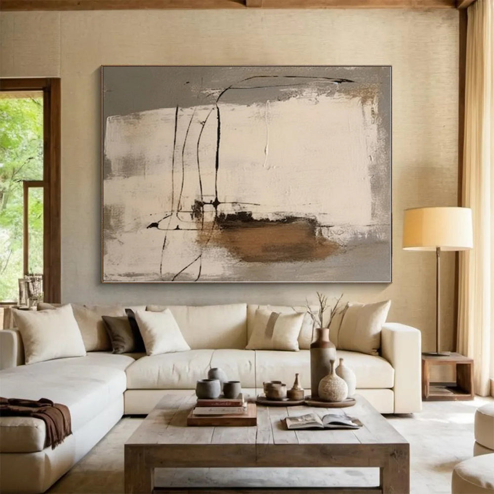“Gray - Beige - Black Linear Abstraction” - Gray, Beige, Black Abstract Painting On Canvas PS0539