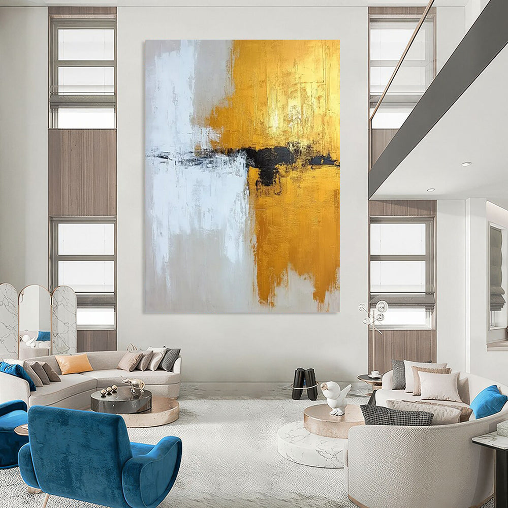 “Gold, White, and Black Abstract Fusion” - Abstract Expressionist Painting On Canvas PT2371