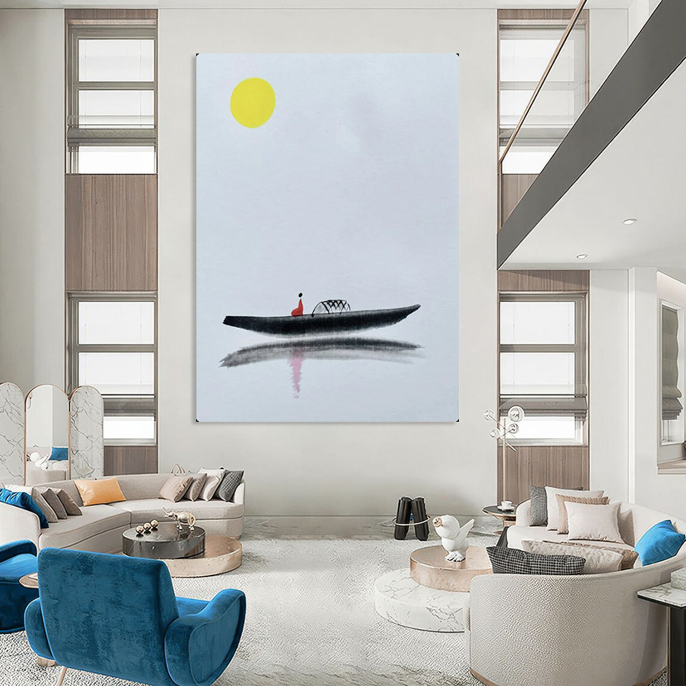 “Yellow Moon & Red Figure on Black Boat” - Minimalist Ink Painting On Canvas PT2163