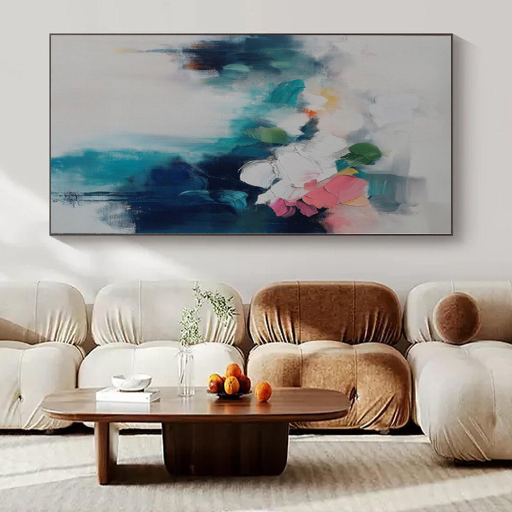 Soft White, Teal, Pink and Green with Abstract Florals "Petal Mist" Abstract Painting On Canvas PS1182