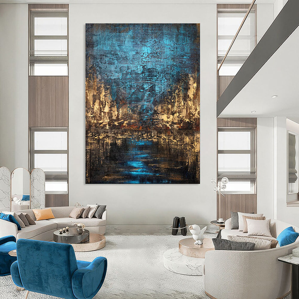 “Blue - Brown Abstract Cityscape” - Oil Painting On Canvas PT2074