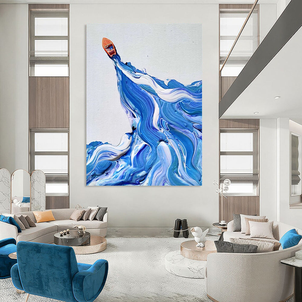 “Blue and White Wave with Orange Boat” - Dynamic Sea Scene Painting On Canvas DS321