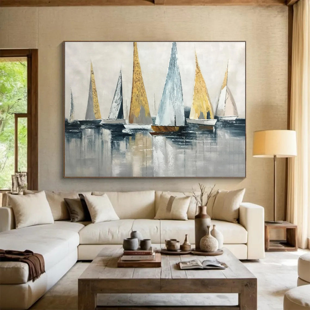 “Gold - Accented Sailboat Abstract” Abstract Painting On Canvas DKS169