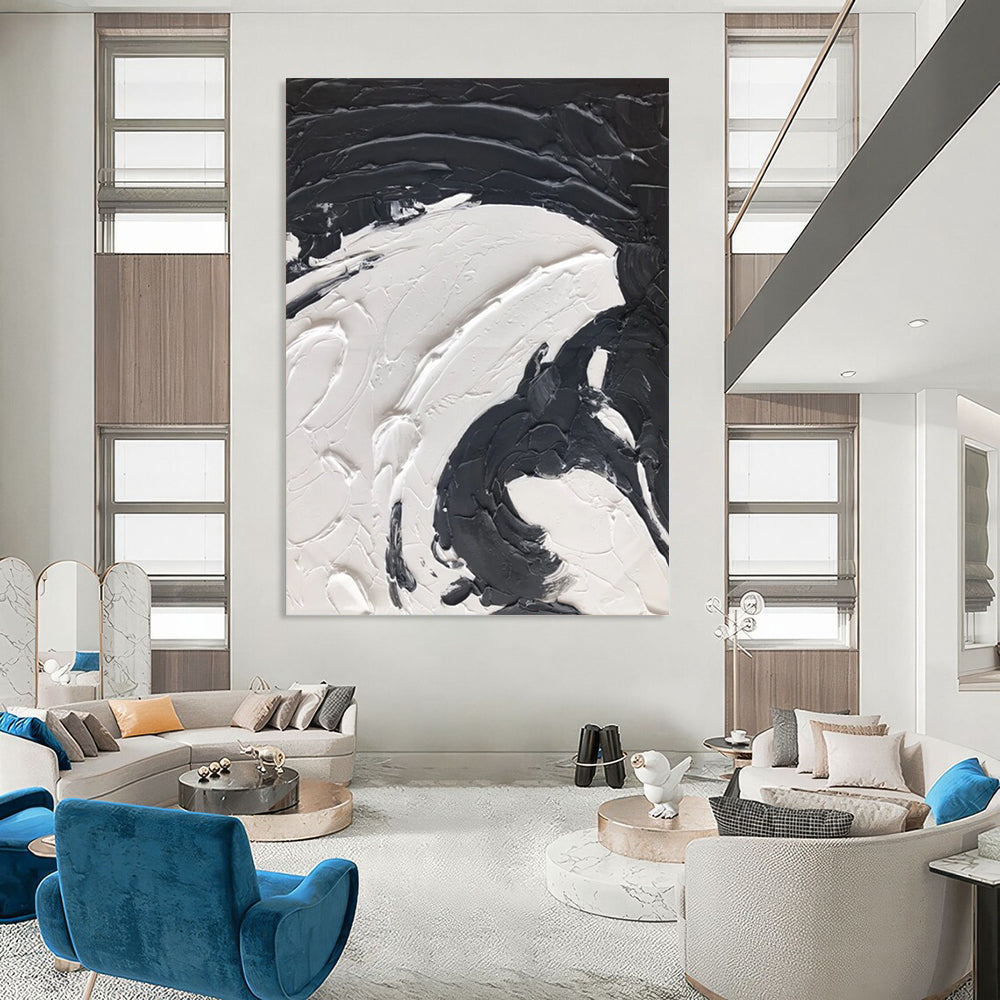 “Textured Swirls: Black and White Abstract” - Tactile Abstract Painting On Canvas DS393