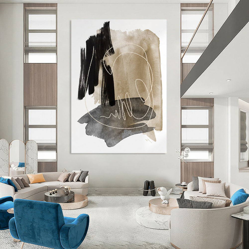 “Black, Beige, and Grey: Minimalist Abstract with White Lines” - Modern Calligraphic Art On Canvas PT0969