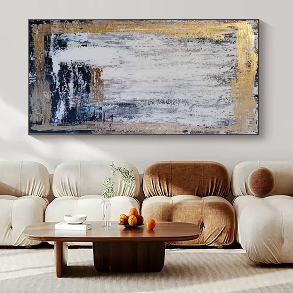 White, Gray, Gold with Textured Background "Gilded Frame" Abstract Painting On Canvas PS1198
