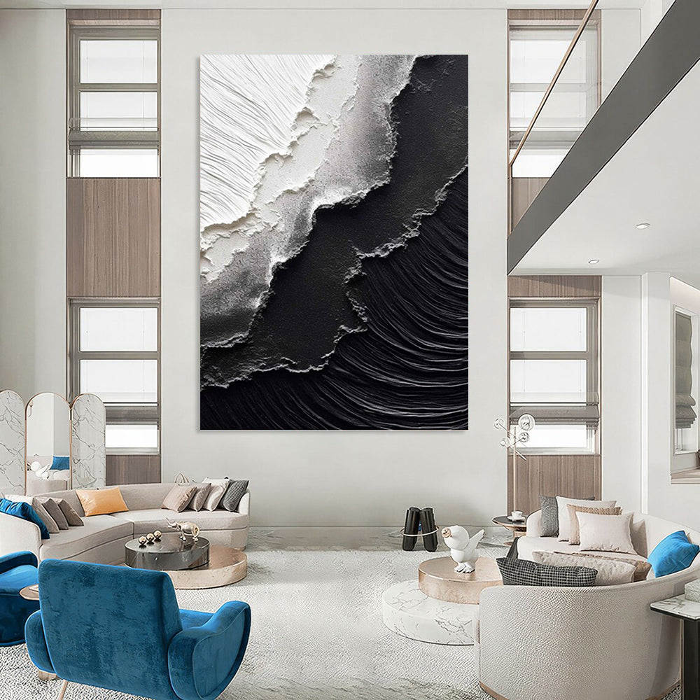 “Black & White Textured Abstraction” - Minimalist, Textural Painting On Canvas PT1475