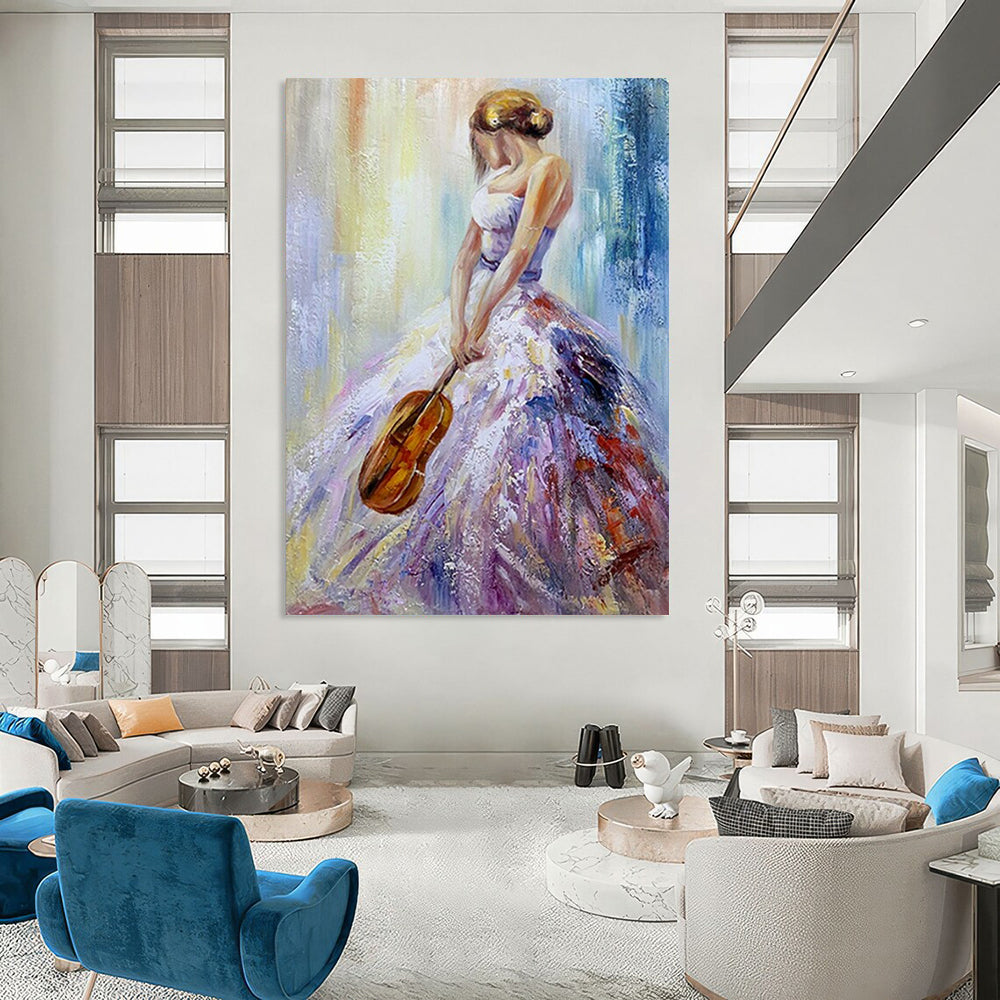 “Woman in Colorful Gown with Violin” - Vibrant Oil Painting On Canvas PT2182