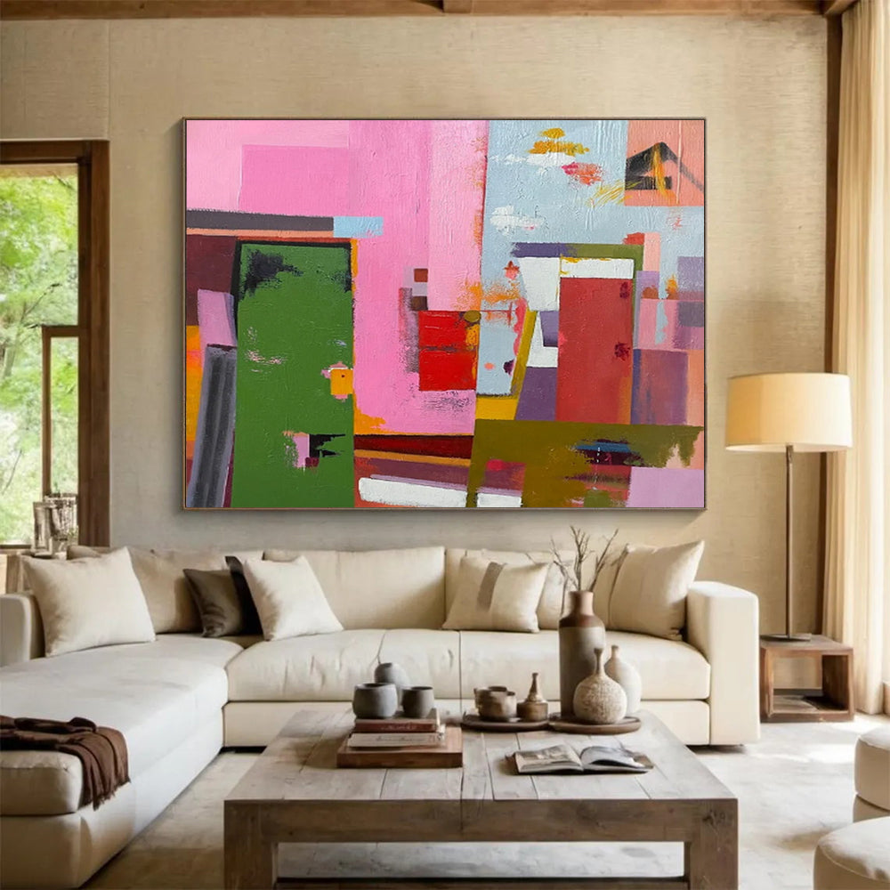 “Vibrant Geometric Abstraction in Pink, Green & Colorful Shapes” - Cubist - Style Modern Painting On Canvas PT013