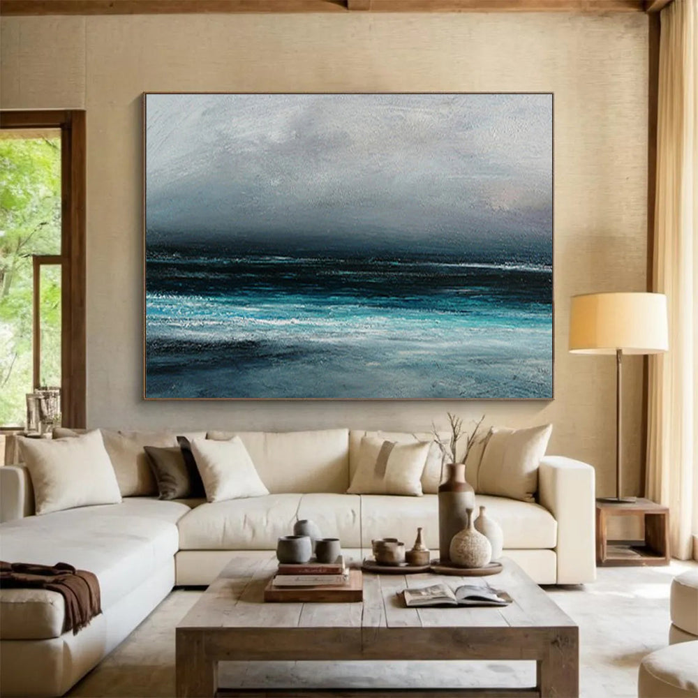 “Moody Coastal Landscape in Grays and Blues” - Atmospheric Oil Painting On Canvas PT035