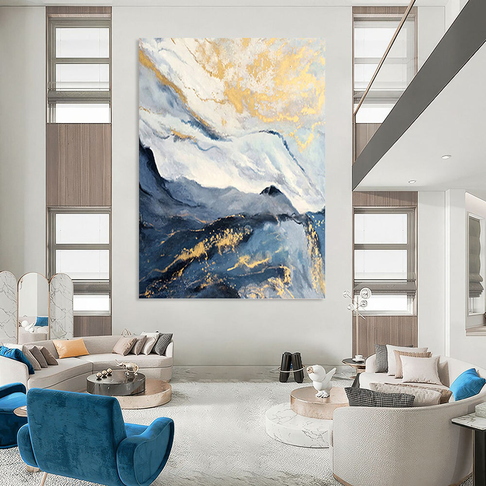 “Blue - Grey Mountains with Gold: Abstract Landscape” - Luxe Nature Painting On Canvas PT0943
