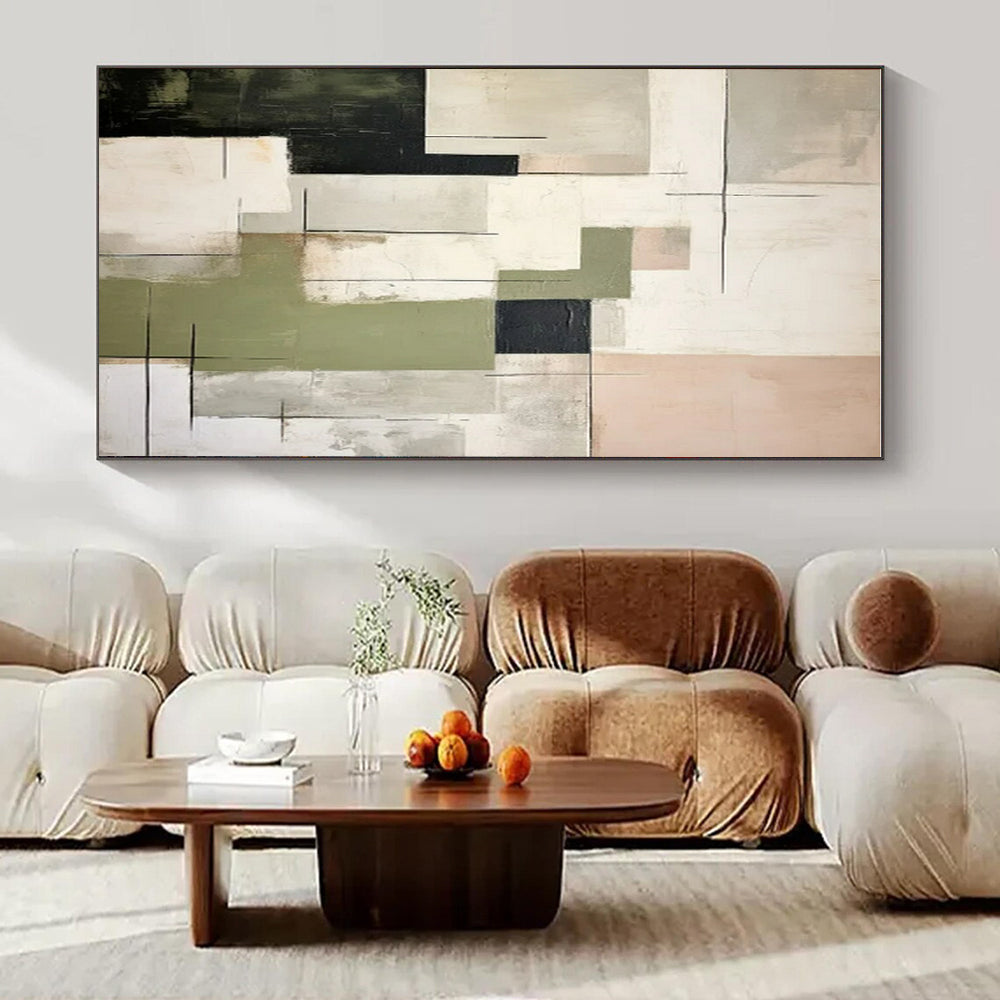 Green, Gray, Black, Beige with Dynamic Blocks "Layered Energy" Abstract Painting On Canvas PS1445