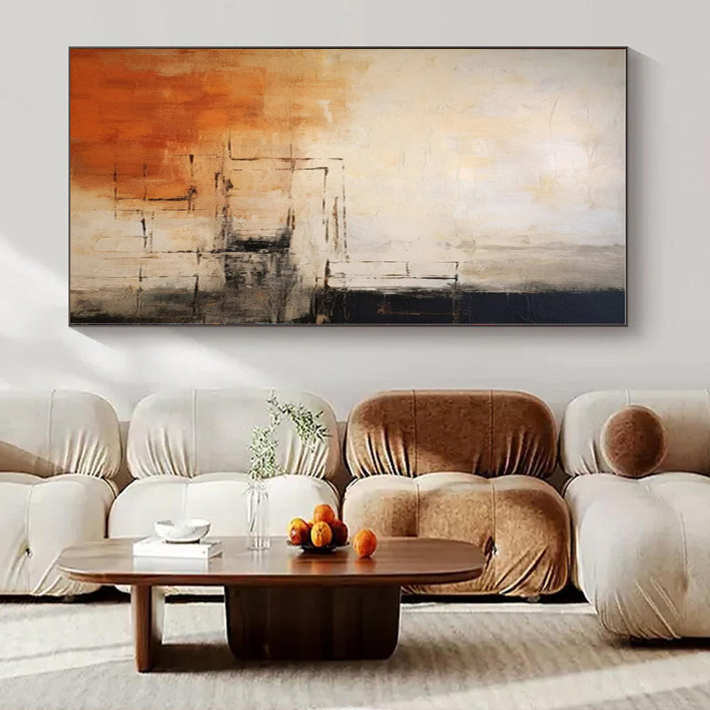 Beige, Orange, Black with Geometric Lines "Geometric Sunset" Abstract Painting On Canvas PS1335