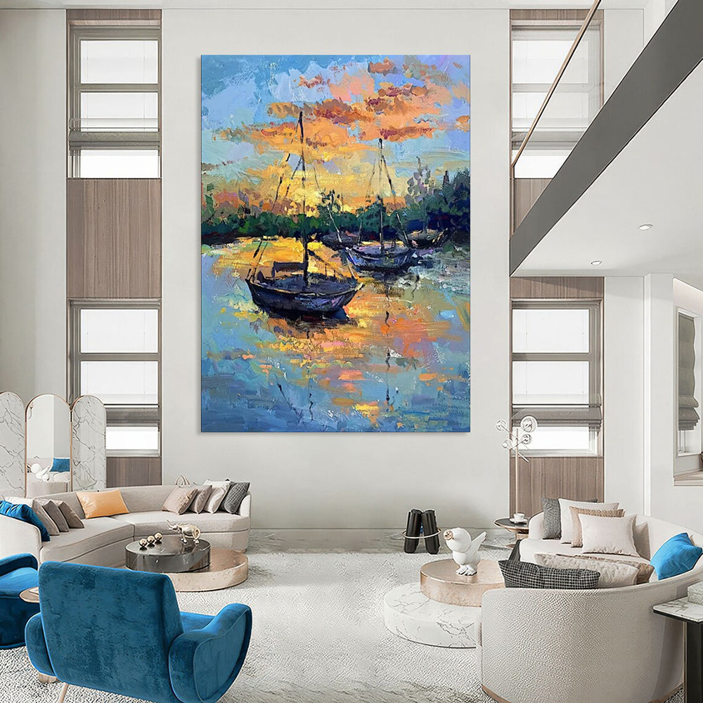 “Colorful Sunset Harbor Boats” - Impressionist Maritime Painting On Canvas PT1882