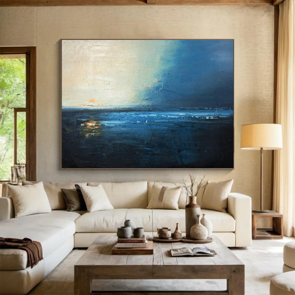 Midnight Blue Sea: Dark Blue, Gray & Orange Abstract Landscape Painting for Nautical Bedroom & Poetry Corner DKS647