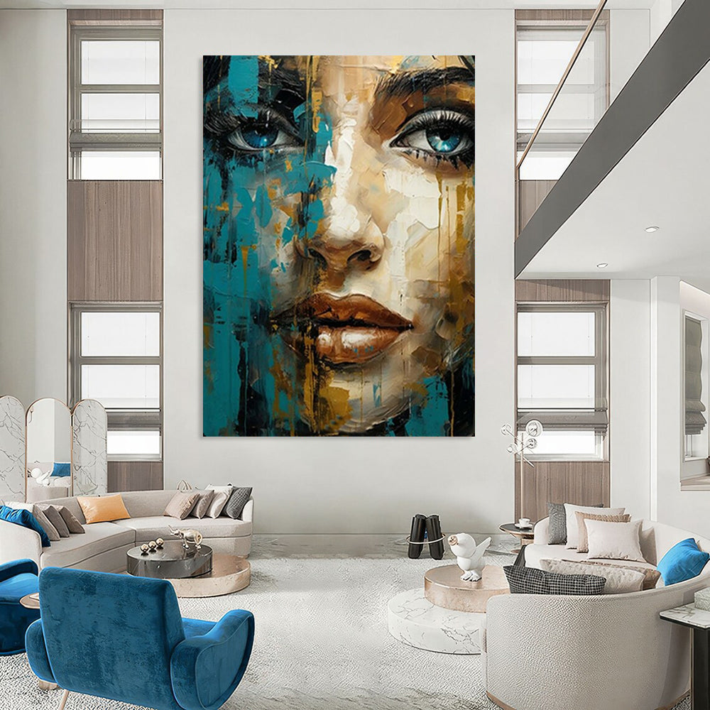 Blue & Gold Abstract Portrait, Klimt - Inspired Ornamentation, Portrait Painting On Canvas PT2132