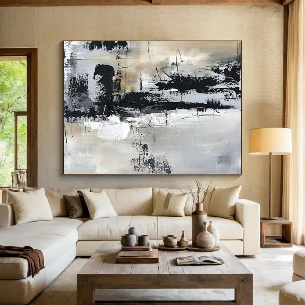 “Monochrome Abstract Strokes” - Black - White - Gray Abstract Painting On Canvas PT1565