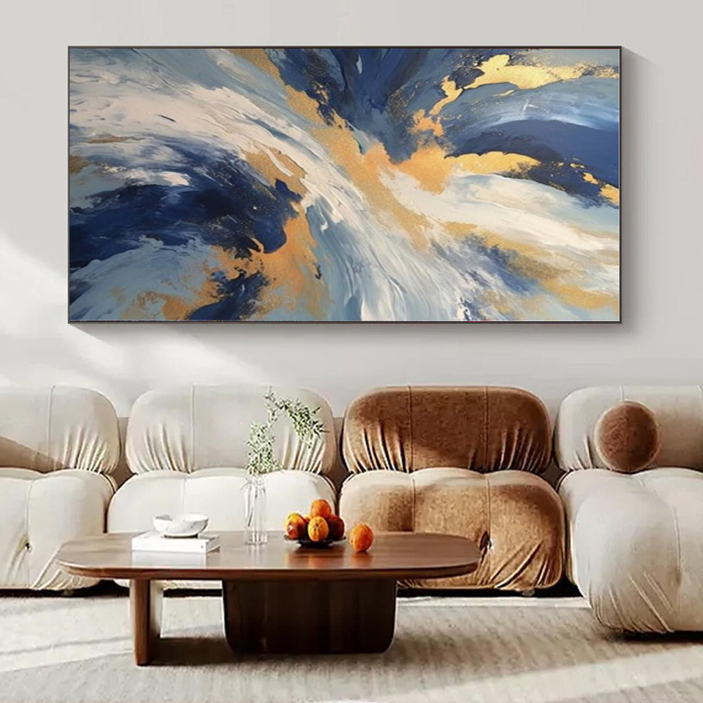 Blue, Gold, White with Dynamic Swirls "Gilded Tempest" Abstract Painting On Canvas PS1265