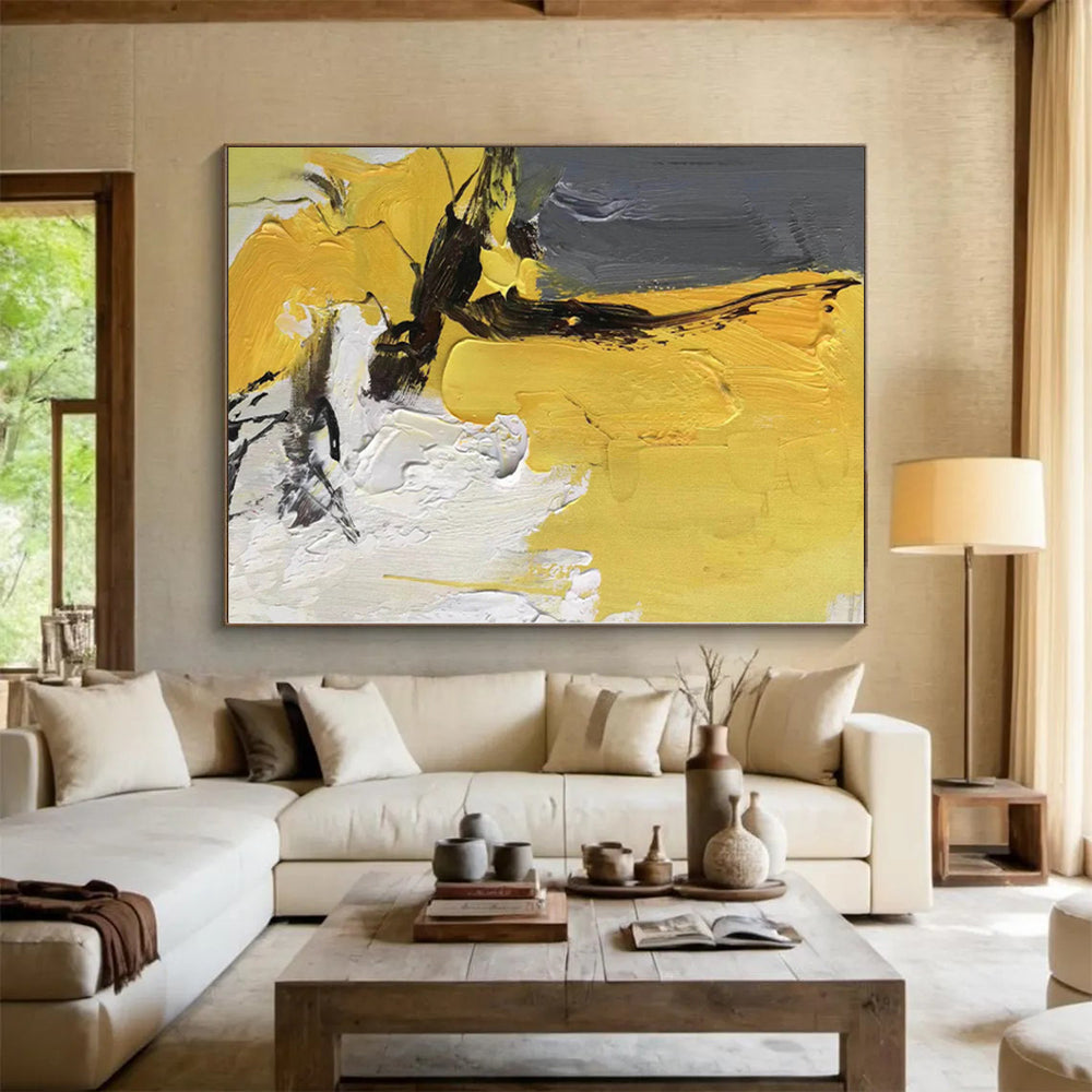 “Yellow - Grey Abstract Textures” - Contemporary Abstract Painting On Canvas PS0295