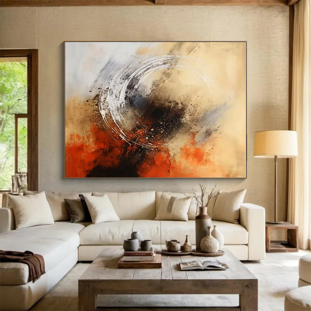 Beige, Grey, Black & Orange Abstract Circle Painting On Canvas PS0828