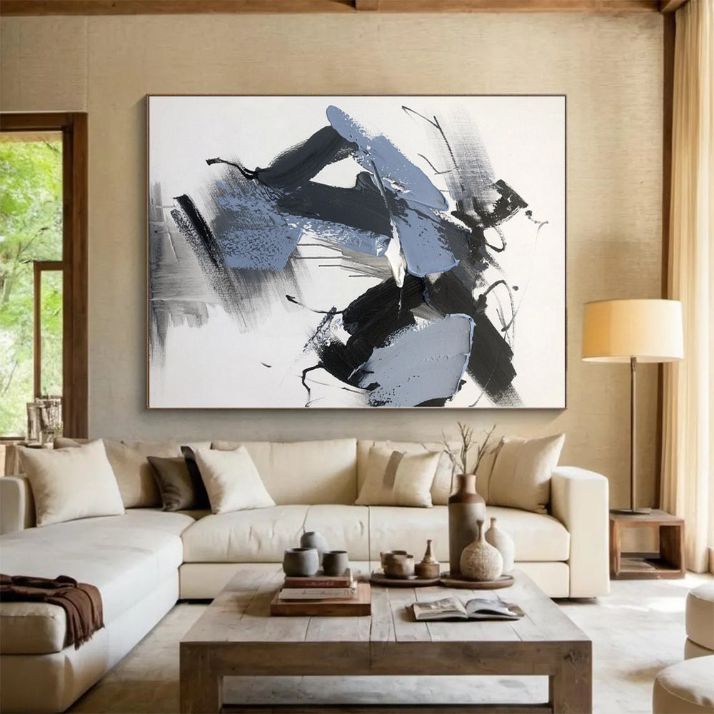 “Black - Gray - Blue Dynamic Shapes” - Black, Gray, Blue Abstract Painting On Canvas PS0498