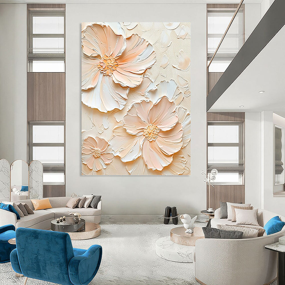 “Peach - White Floral Impasto” - Impressionist - Inspired Floral Painting On Canvas PT1389