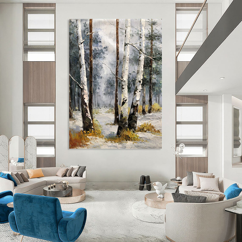 “White - Brown Winter Birch Forest” - Impressionist Landscape Painting On Canvas PT1276