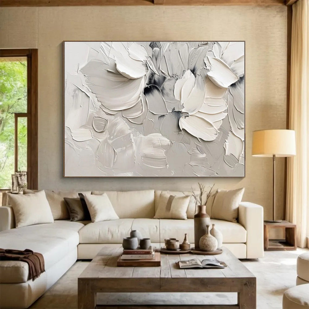 “White - Gray Textured Florals” - White, Gray Abstract Painting On Canvas PS0517