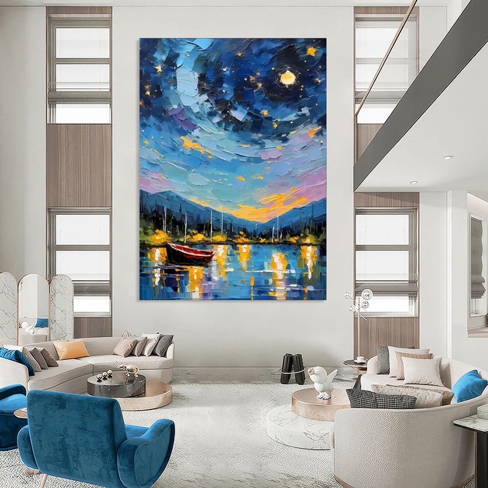 “Colorful Impasto Night Sky Harbor” - Impasto Landscape Painting On Canvas PT1886