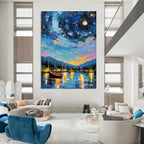 “Colorful Impasto Night Sky Harbor” - Impasto Landscape Painting On Canvas PT1886