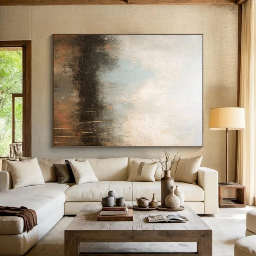 “Neutral - Toned Abstract Landscape” - Beige, Blue, Brown Abstract Painting On Canvas PS0450