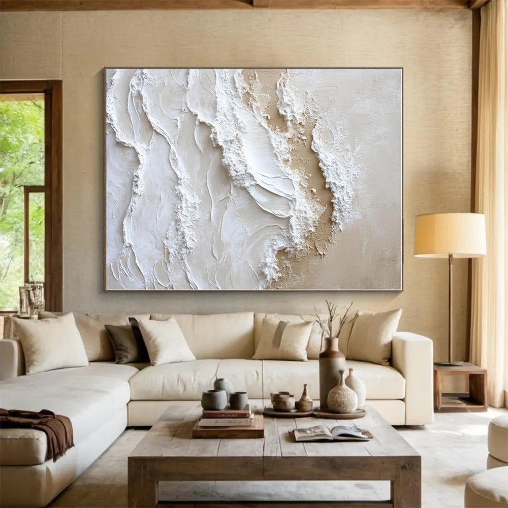 “Cream - White Textured Waves” - Cream, White Textured Abstract Painting On Canvas PS0444