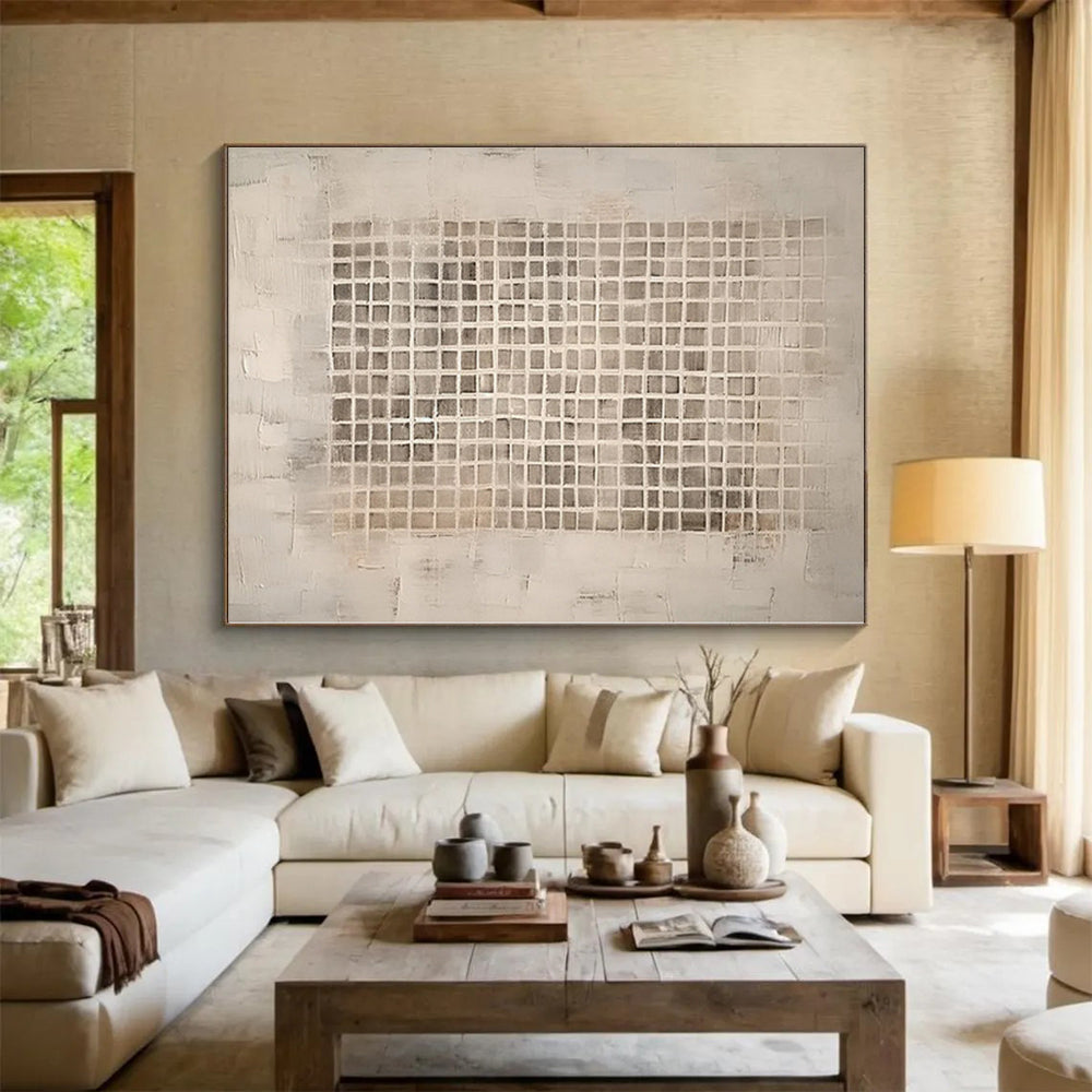 “Beige - Gray Grid Abstract” - Minimalist Abstract Painting On Canvas PS0091