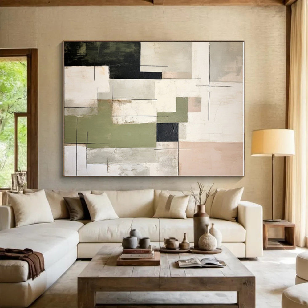 “Mixed Geometric Tones” - Green, Black, Beige Abstract Geometric Painting On Canvas PS0396