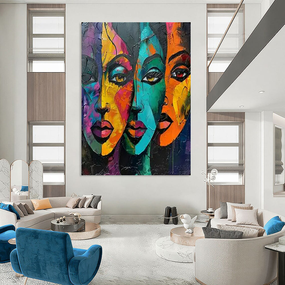 Colorful Visions Vibrant Cubist Faces, Painting On Canvas PT2161